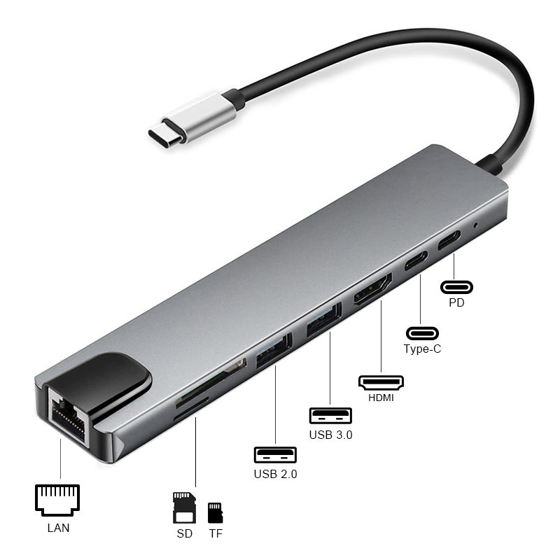 XCF-RJ45-285 8-in-1 USB-C Hub Adapter Portable Mini Type-C Docking Station 10/100Mbps RJ45 Type-C Hub to USB-C USB HD XCF-RJ45-285 8-in-1 USB-C Hub Adapter Portable Mini Type-C Docking Station 10/100Mbps RJ45 Type-C Hub to USB-C USB HD
